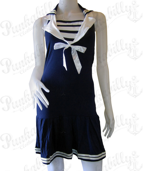 Navy Blue Rockabilly Sailor Dress with stripes & bow