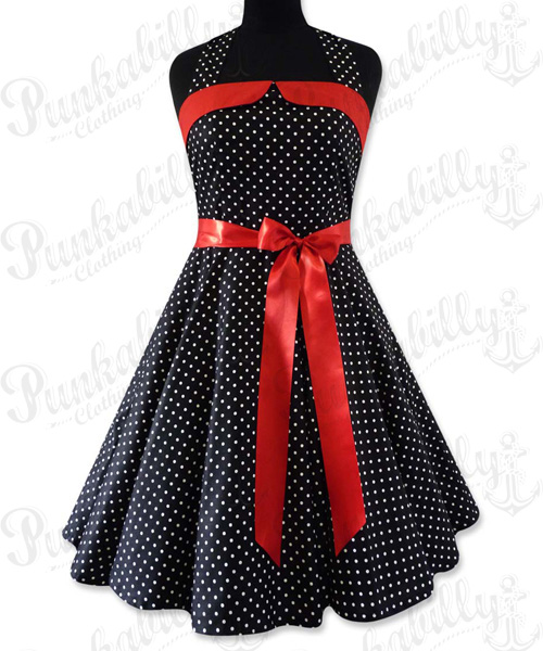 Black swing dress with white polka dots