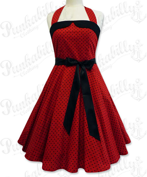 Red swing dress with black polka dots