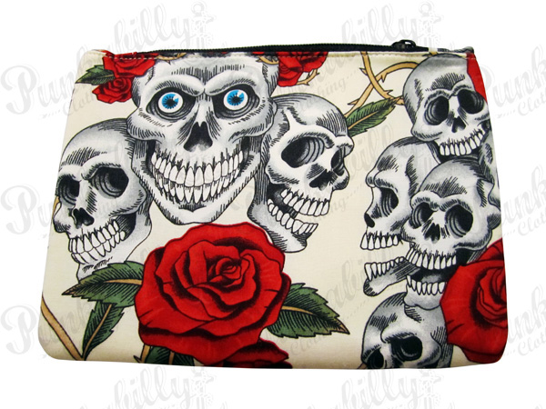 Cream Rockabilly Pouch with Skulls and Rosses