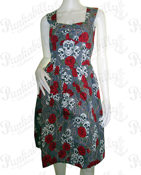 Gray Skulls & Rosses Rockabilly Dress