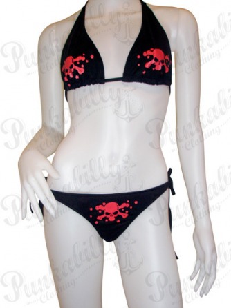 Red Skulls Black Punk Bikini